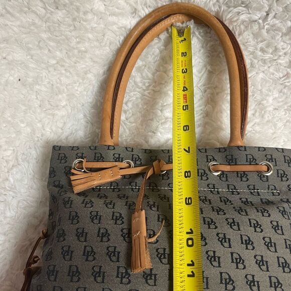 Dooney & Bourke small gray canvas logo tan leather straps and tassels.satchel. - Picture 10 of 12